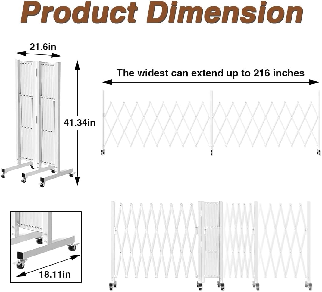 Expandable Driveway Gate, Portable Barricade Gate with Casters, Metal Folding Security Gate, 209" Wide Aluminum Expandable Garden Fence, Outdoor Dog Fence for Yard (White, 216.54)