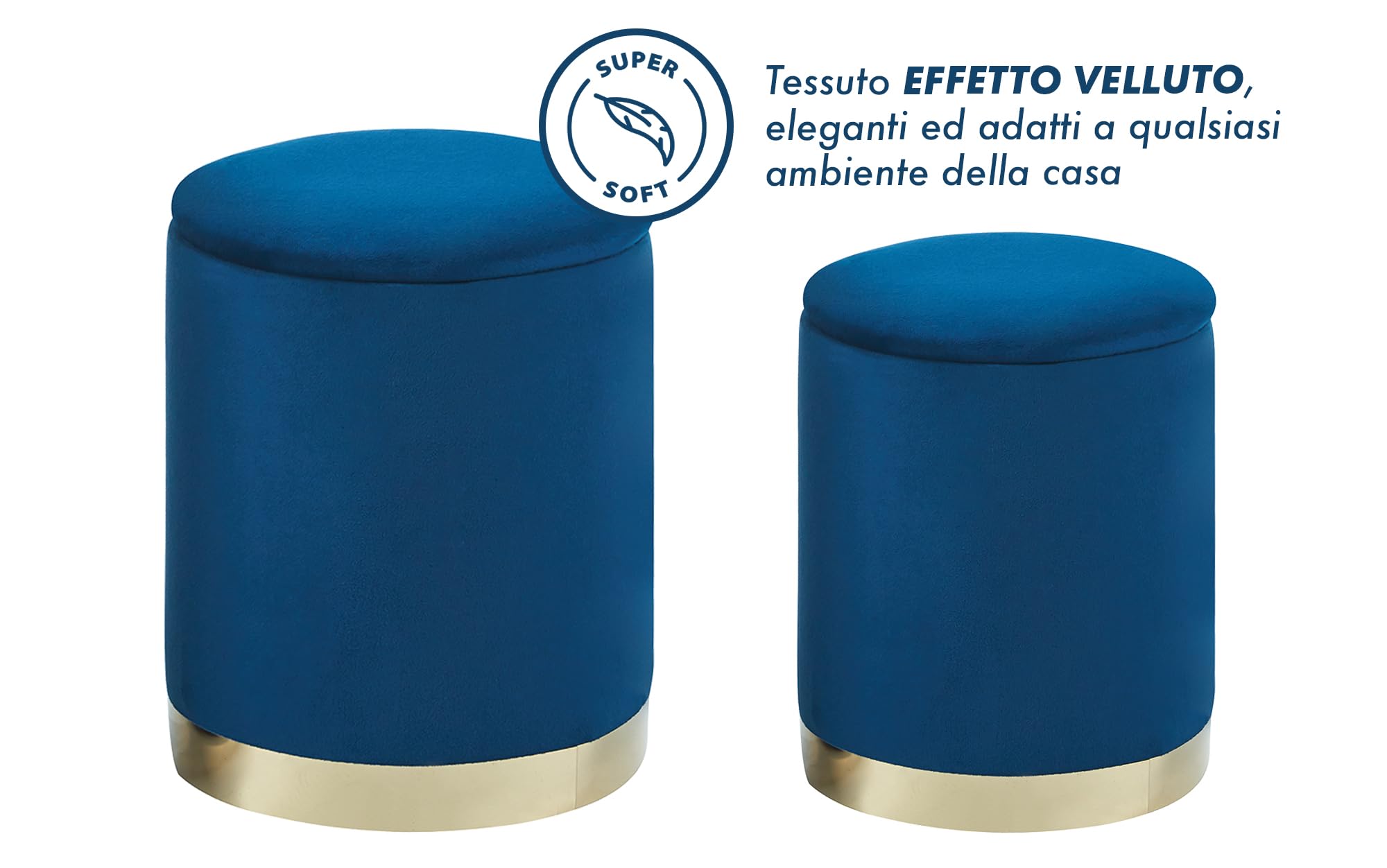IlGruppone Set Di 2 Pouf Contenitore In Velluto Design Moderno Poggiapiedi,Sgabello Tondo con Coperchio Rimovibile e Seduta Imbottita Alta Densità Con Fascia In Metallo Capiente Storage Box- Blu
