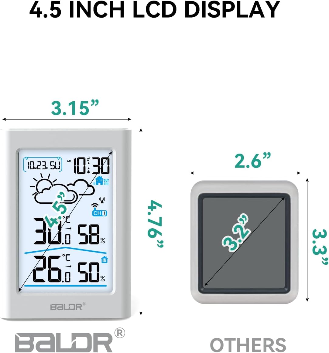 BALDR Indoor Outdoor Thermometer Wireless with Atomic Clock, Battery Powered Weather Station Indoor Outdoor with WWVB, Portable Outside Temperature Monitor for Home, Patio