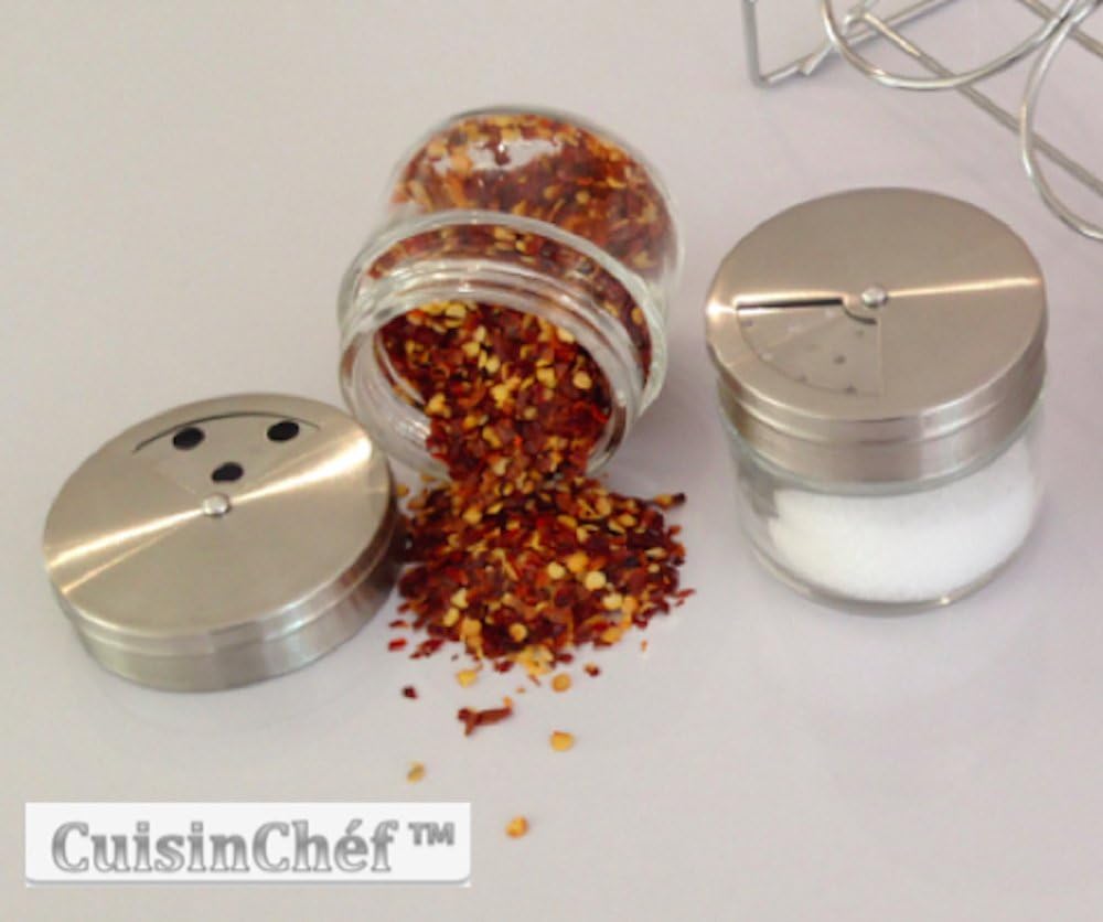 Glass Spice Jars and Rack by CuisinChef - 4 Refillable Shaker Bottles with Stand - Easy Refill and Storage of Your Favourite Spices - Removable Stainless Steel Dispensing Tops
