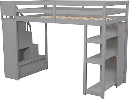 Miniatura 7 de Hlcodca Cama tipo loft moderna con cajones de almacenamiento y escaleras cama tipo loft de madera de tamaño individual con estantes y barandillas