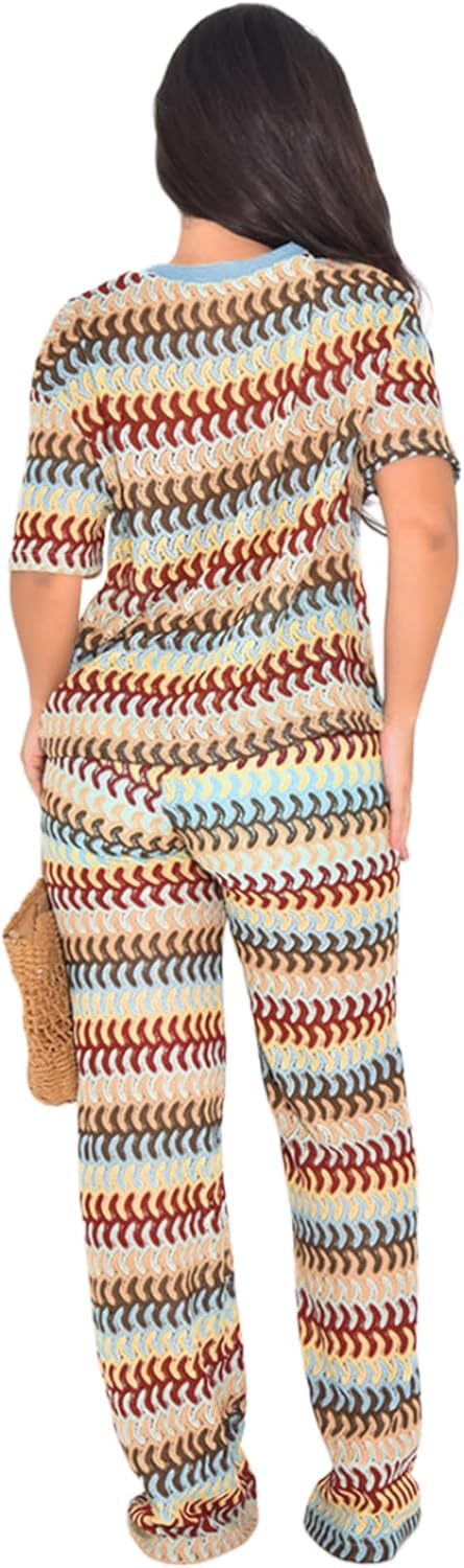 Two Piece Cover Up Sets for Women Crochet Knit Hollow Out Striped Short Sleeve Tops Wide Leg Pants Sweater Outfits - Image 4