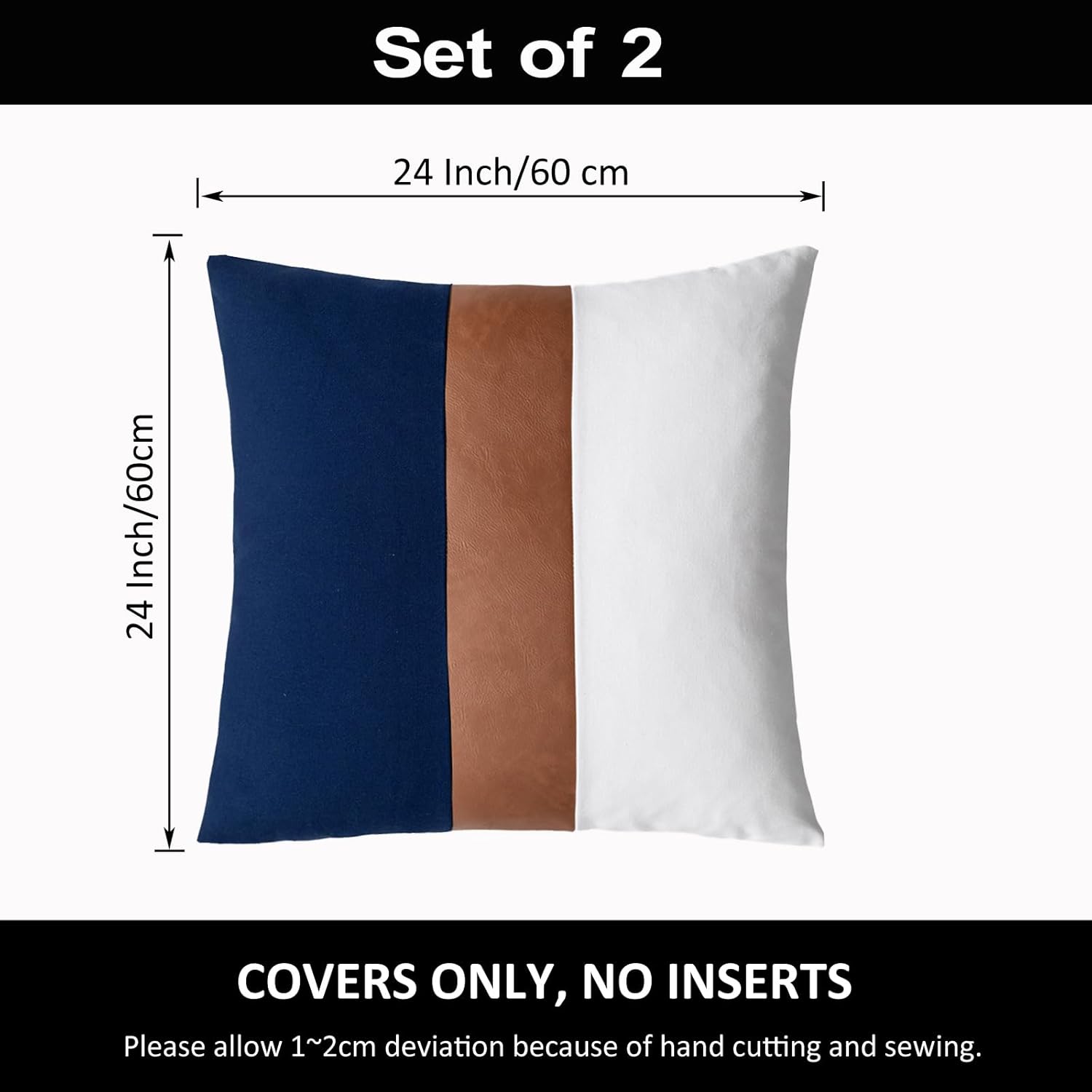 Pack of 2 Boho Decor Faux Leather and Cotton Patchwork Pillow Covers 24x24 Euro Pillow Shams Farmhouse Rustic Pillowcase for Couch Sofa Bedroom Living Room Modern Home Decor,Navy Blue