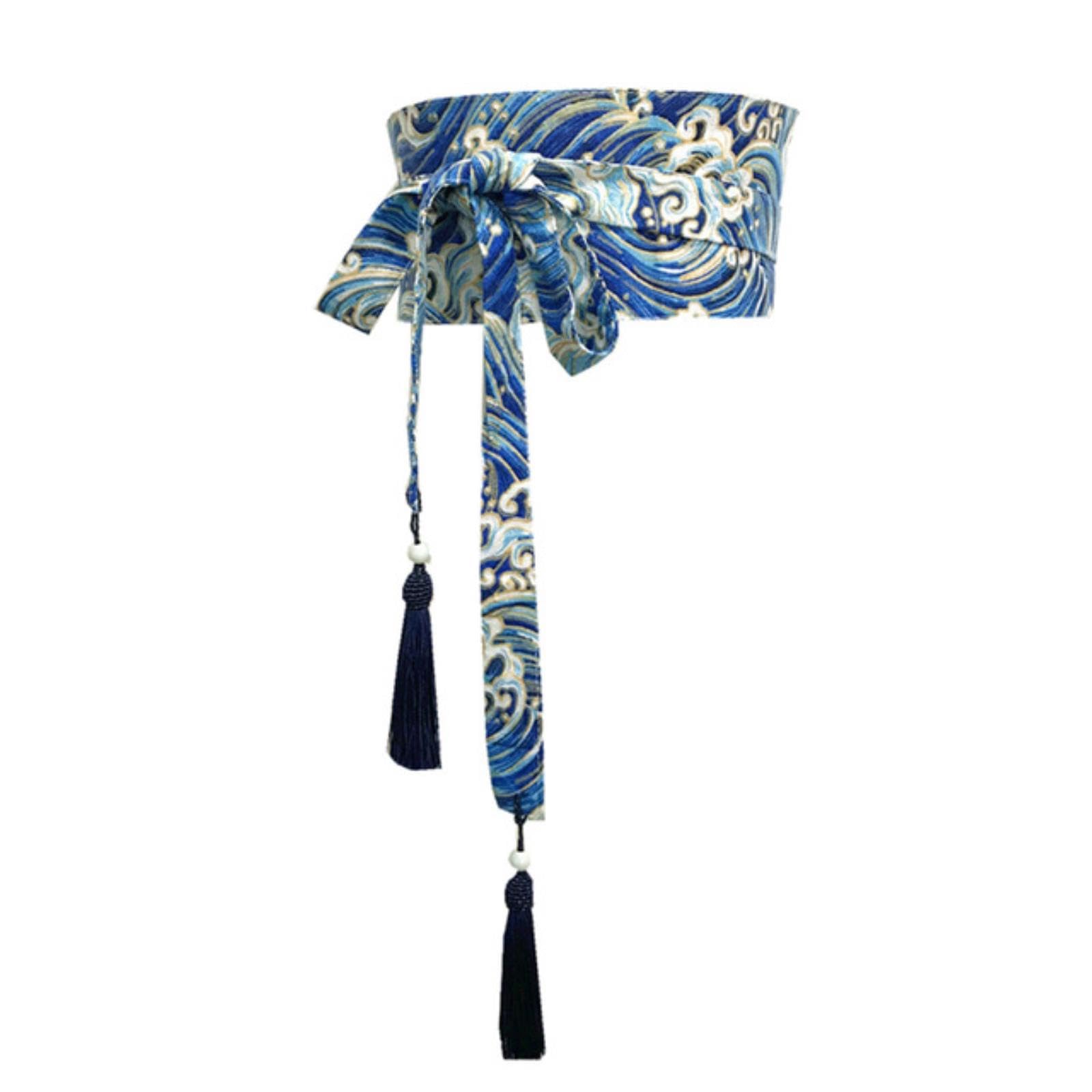 Fresqa Women's 2 Japanese Traditional Kimono Belt Corset Tassel Belt Blue Wave Pattern Wide Belt Yukata Crane Haori Obi Asian Waist Belts