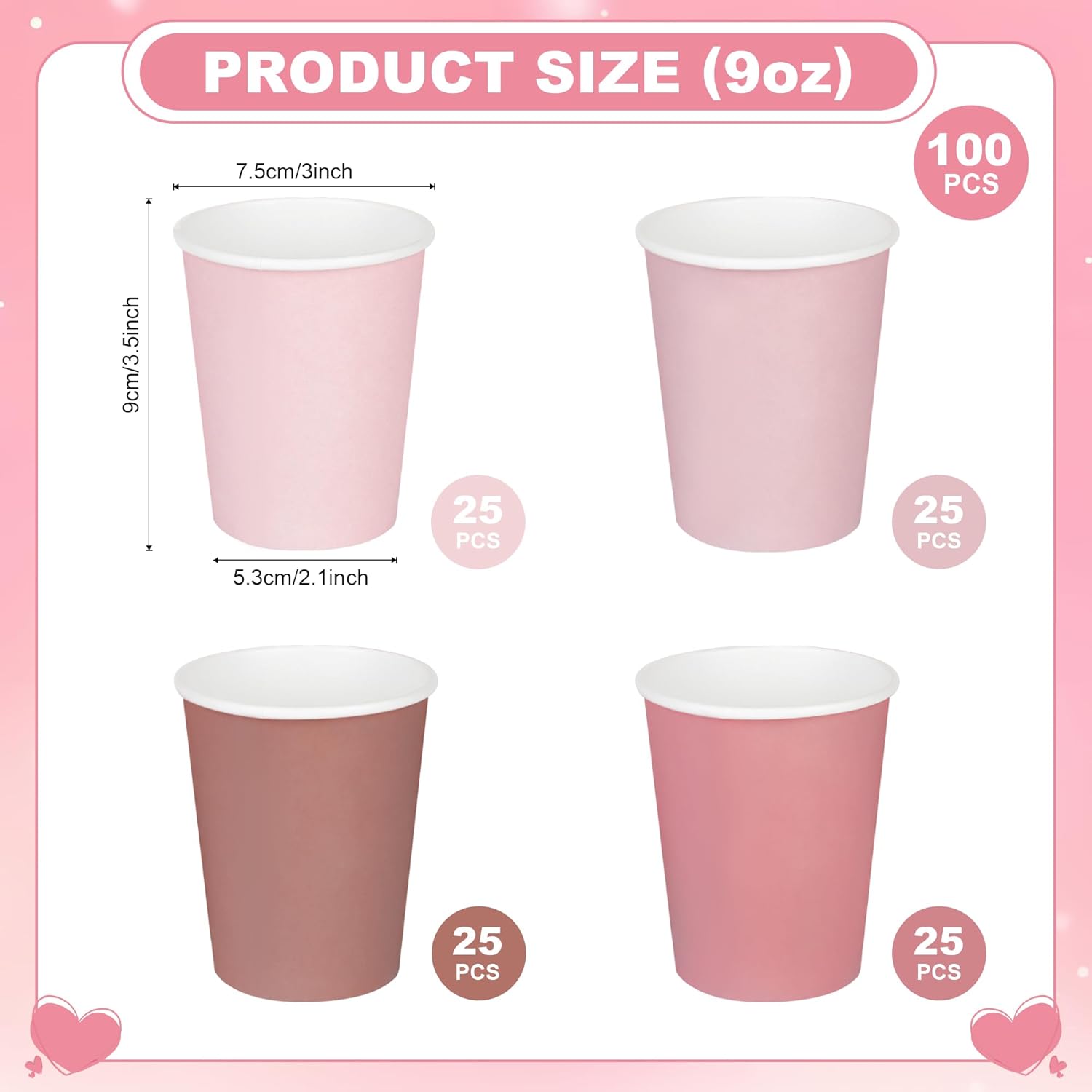 100 Pcs Dusty Pink Paper Cups 9oz Gradient Pink Party Cups 4 Colors Disposable Beverage Coffee Tea Drinking Cups for Birthday Coquette Bridal Shower Party Supplies - Image 2
