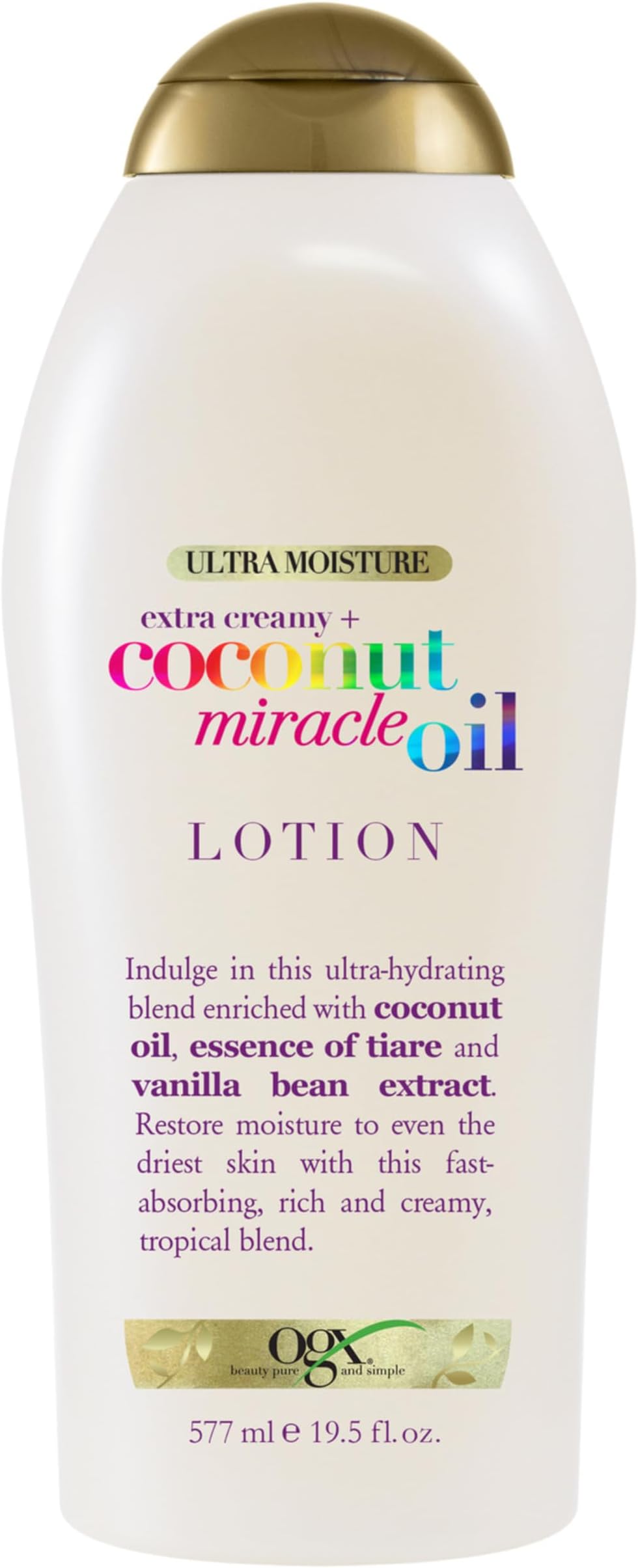 OGX Extra Creamy + Coconut Miracle Oil Ultra Moisture Body Lotion with Vanilla Bean, Fast-Absorbing Body Lotion for All Skin Types, Paraben-Free and Sulfated-Surfactants Free, 19.5 Ounce