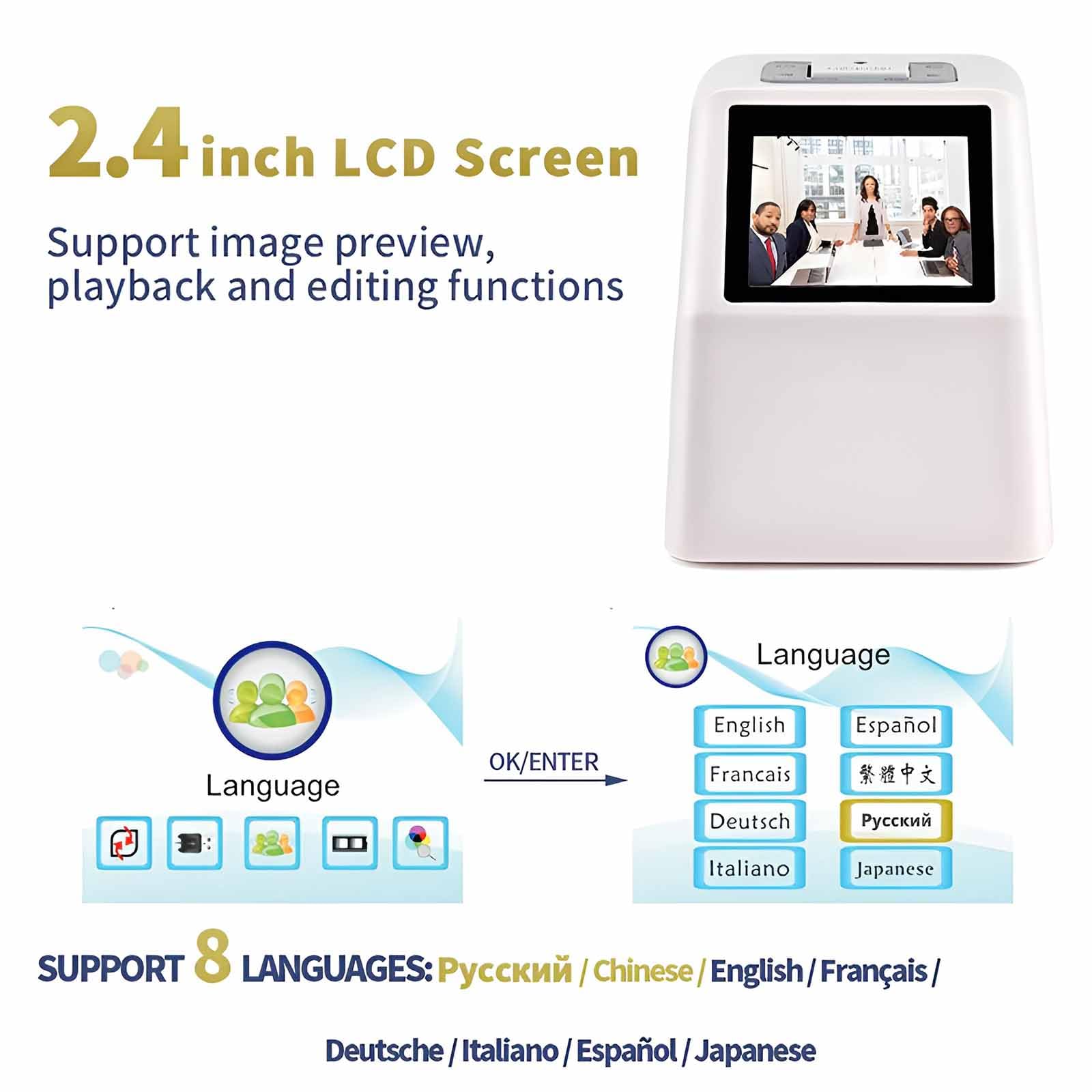 Scanner per pellicole e diapositive, scanner multifunzione da 22 MP con schermo LCD da 2,4 pollici, converte colori e bianco e nero 35 mm, 126, 110 e Super 8 diapositive e negativi in immagini