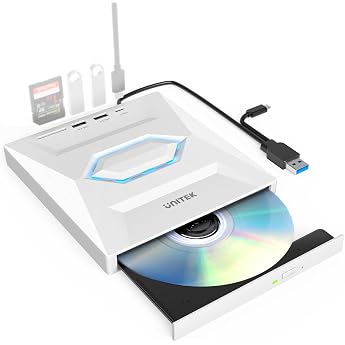 Unitek External CD DVD Drive with USB Hub Function, USB 3.0/Type C Port, SD Card Reader, Slim, White | 多機能 ライト点灯改良バージョン ゲーム機式
