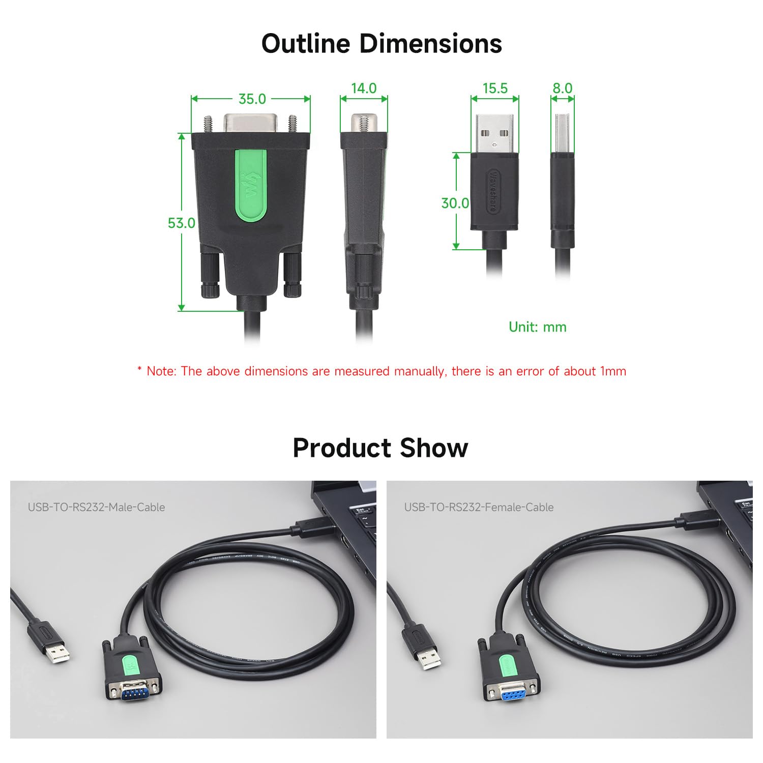 Waveshare Industrial USB To RS232 Serial Adapter Cable(3 PCS), USB Type A To DB9 Male Port, FT232RL Chip, 1.5m, For Industrial Control Equipments & Applications With High Communication Requirement