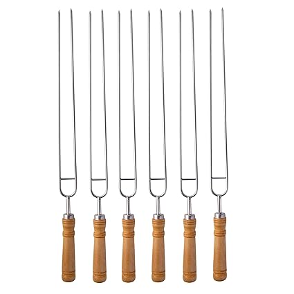IMEEA Double Prong Skewers U Shape Stainless Steel BBQ Shish Kabob Barbecue Skewers for Grilling with Wood Handle, 12.6-Inch
