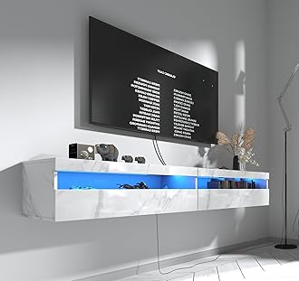 Floating TV Stand, Wall Mounted TV Shelf with Led Lights & Power Outlet, 71" Modern Entertainment Center Media Console with Storage, High Gloss TV Cabinet for 65/75/80 inch TV