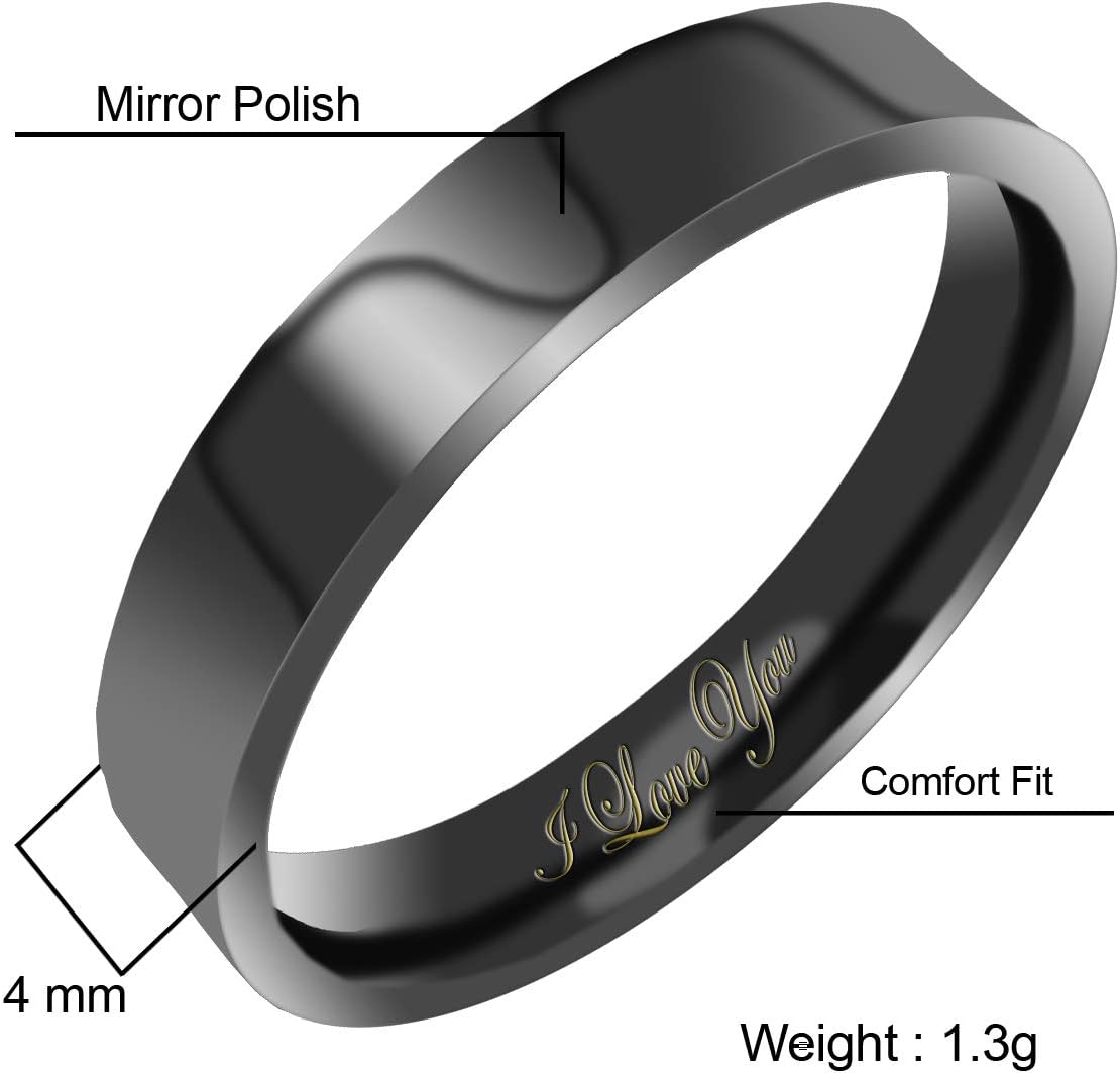 Everstone Women's Shiny Polish 4MM & 6MM Flat Promise Ring Wedding Bands Titanium Ring Color: Black Engraved I Love You