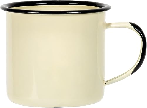Red Co. Juego de 6 tazas redondas de café y té de metal esmaltado de 12 onzas con asa, color crema envejecidaborde negro
