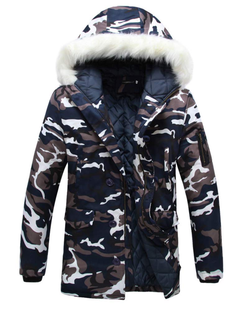 Laozana Men's Blue White Parka Camouflage Faux Fur Thicken Winter Warm Coat Padded Hooded Military Jacket Outwear Xl