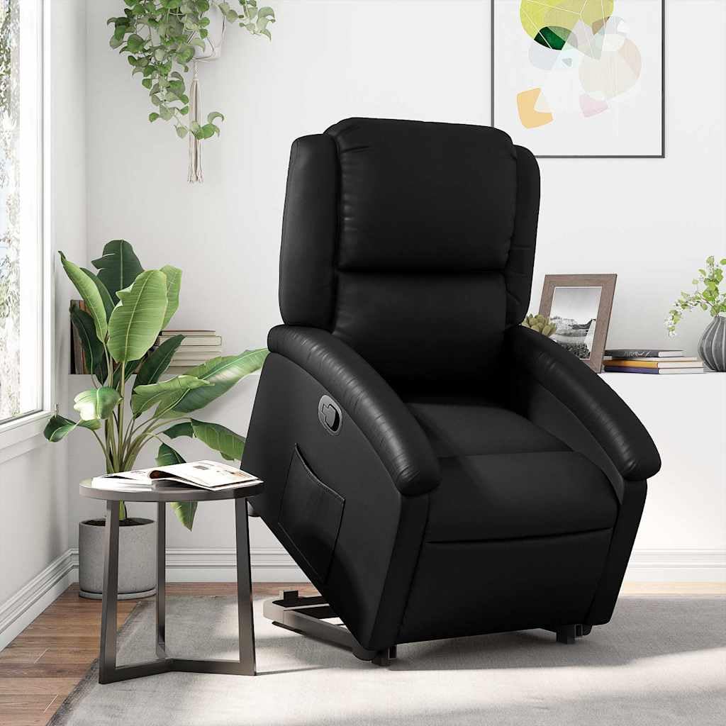 Relaxsessel mit Aufstehhilfe Schwarz Kunstleder, verstellbar mit Elektromotor, gepolstert mit Schaumstoff, Holz Metall Gestell, ergonomisch für Wohn- und Schlafzimmer, bequemer Lounge Sessel