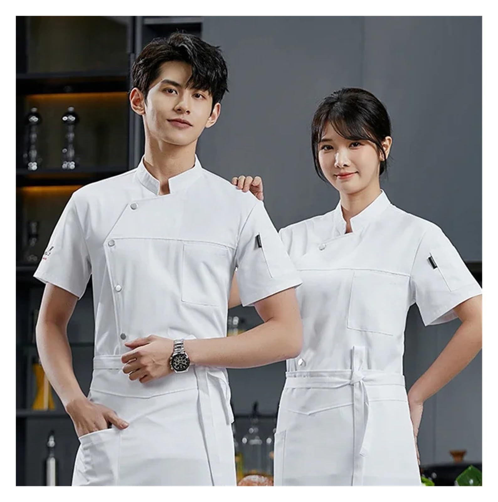 Chaqueta unisex de manga corta for cocinero, uniforme camarero restaurante(Blue GRAY,M)