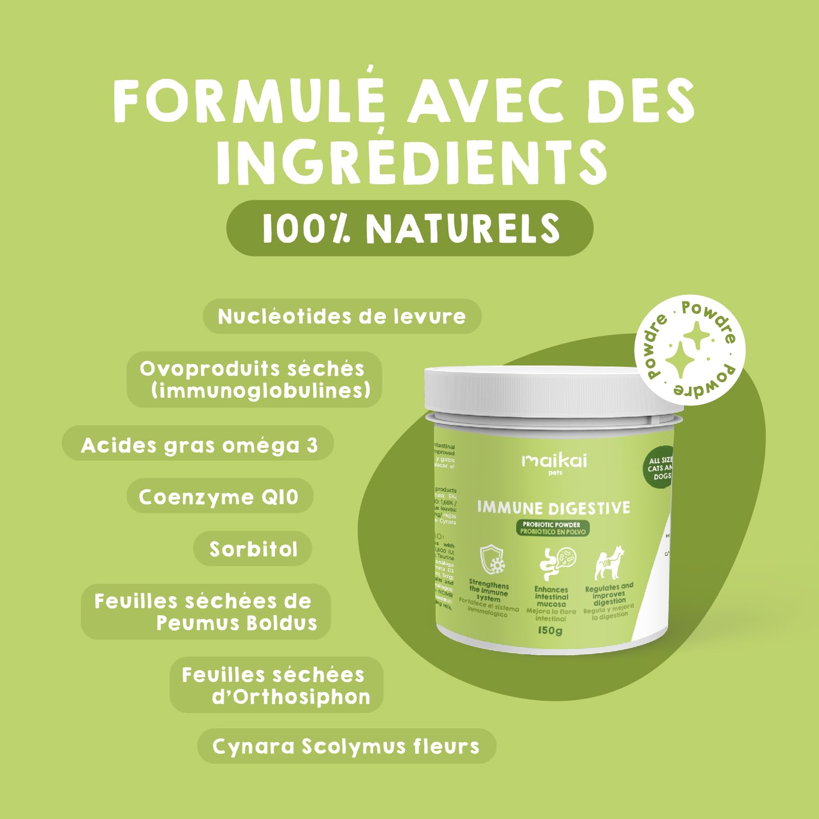 Probiotique Naturel pour Chien et Chat – Poudre 150g – Complément Alimentaire pour Digestion + Immunité et Santé Intestinale – Anti-Diarrhée – Soutien de la Flore Digestive – Format Économique