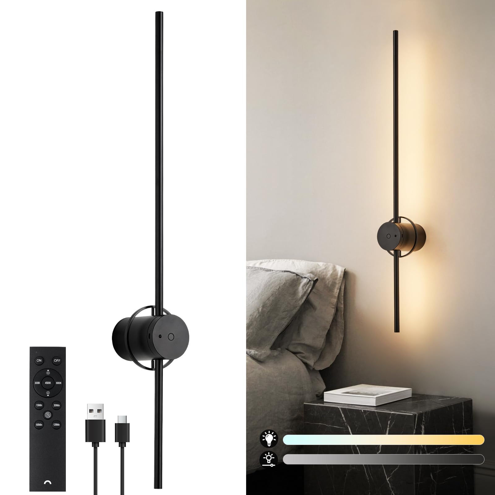 HARPER LIVING Applique da parete ricaricabile USB nera, lampada a batteria da 4000 mAh con telecomando e controllo touch, applique da parete LED dimmerabile con rotazione a 360°, 80 cm, senza fili