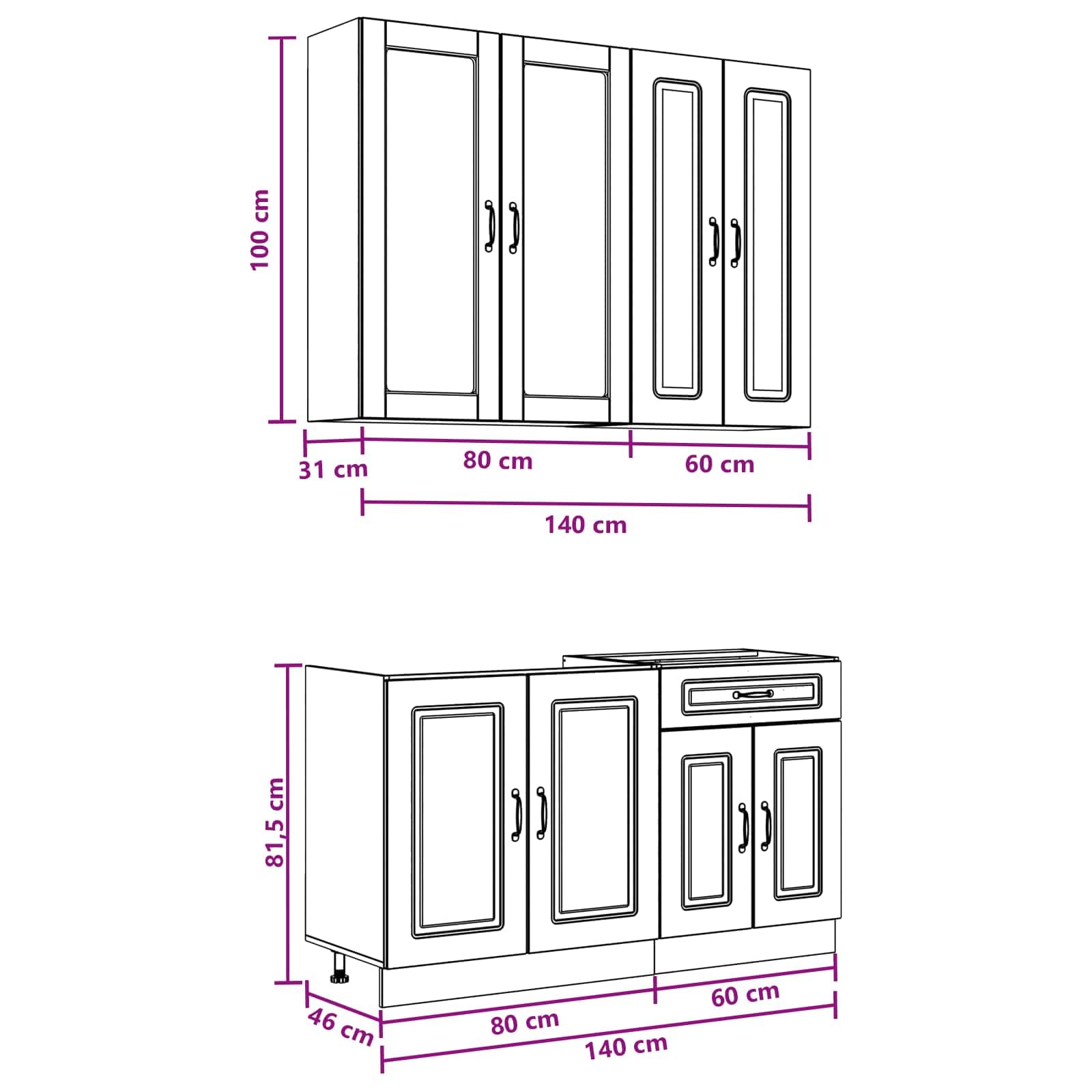 4-teilige Küchenzeile Küchenblock Grau Sonoma Holzwerkstoff | Modernes Küchenschrank Set für die Küche oder Ferienwohnung mit viel Stauraum und flexibel verstellbaren Füßen.