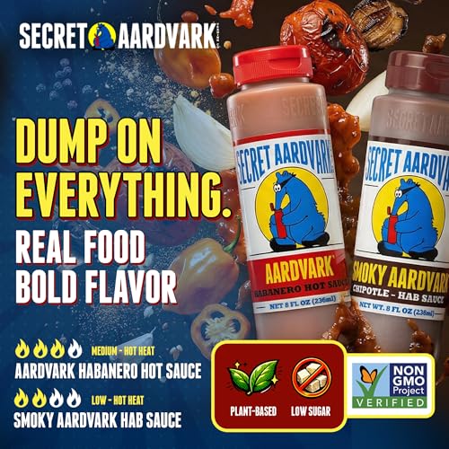 Image of Secret Aardvark Habanero and Chipotle Hot Sauce, 2-Pack Bundle 8 fl oz | Tomatoes & Carrots, Chipotle & Garlic, Smoky BBQ Combo, Non-GMO, No HFCS, Vegan, Low Carb, For Tacos, Eggs, and Grilling