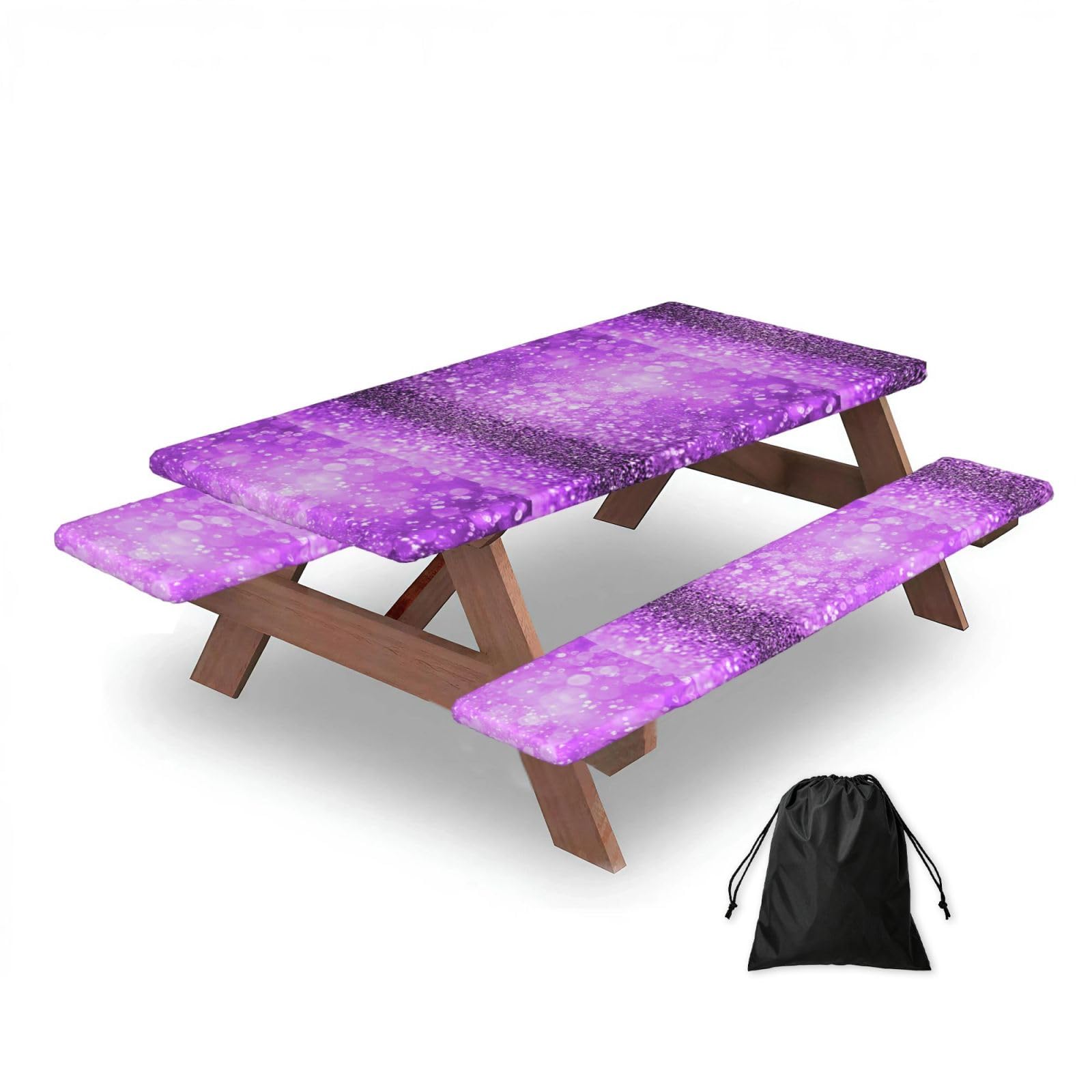 Dopklna As Picture Sparkling Purple Glitter, Picnic Table Cover With Bench Covers -Waterproof Elastic Fitted Tablecloth For Garden Camping Patio 76X152cm