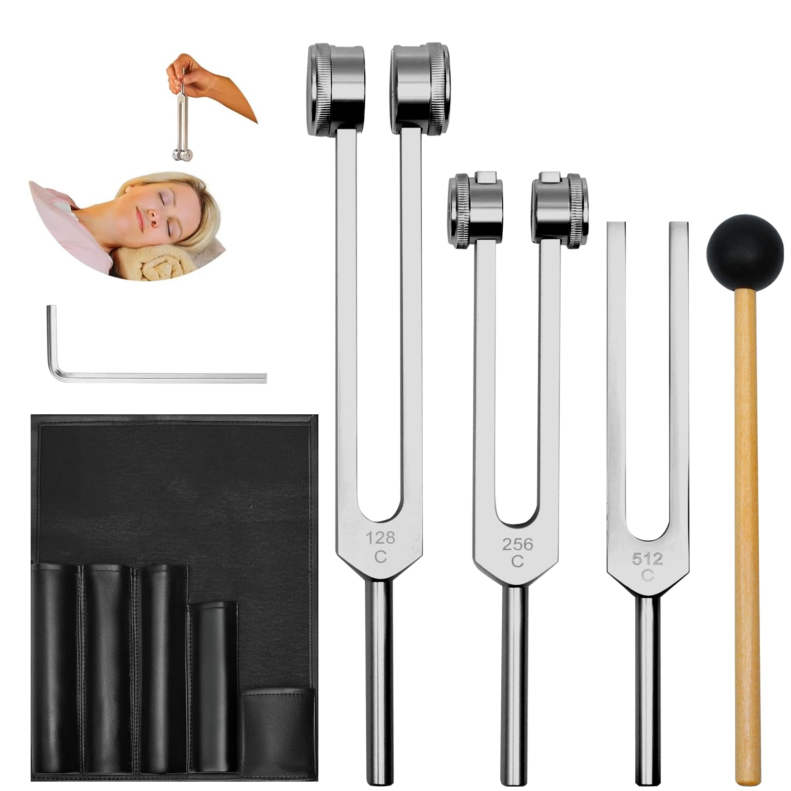 Tuning Forks for Healing Instrument (128Hz, 256Hz, 512Hz) - Tuning Fork Set with Reflex Hammer, Sound Healing Instruments for Essential Yoga/Chakra/Sound Therapy/Meditation Beginner