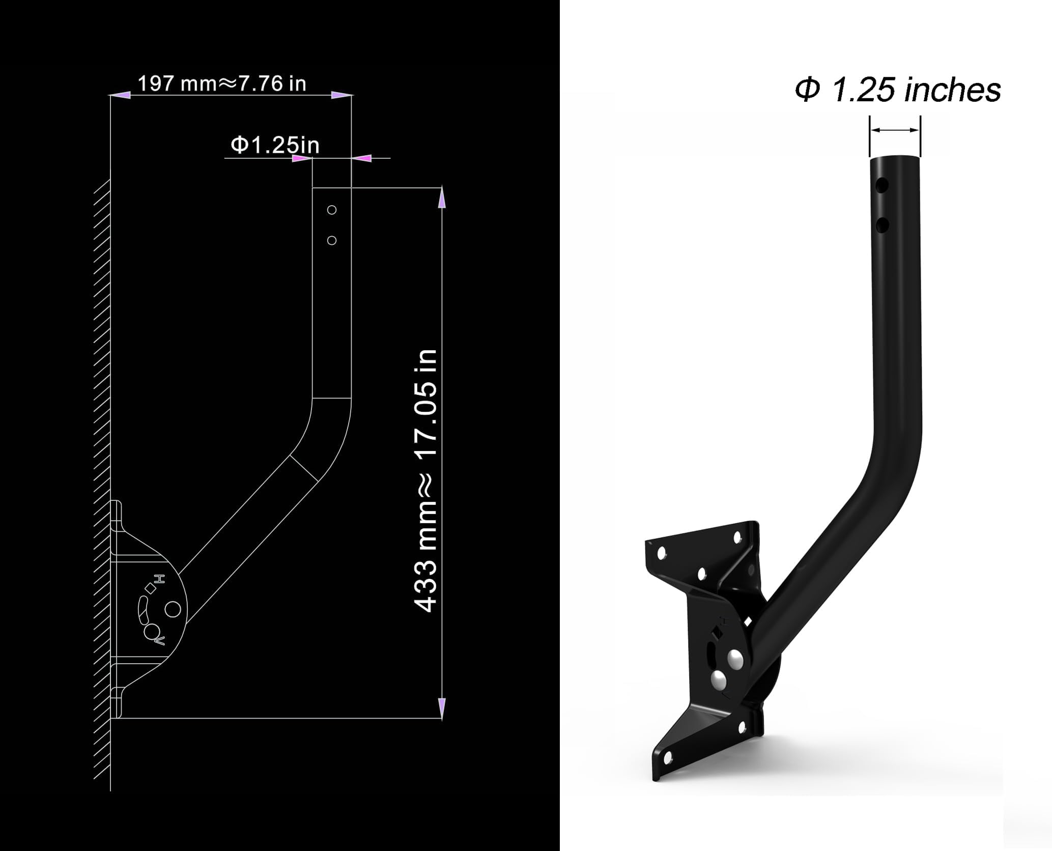 Supporto per antenna J-Pole regolabile da 1,25" di diametro esterno, supporto da parete con braccio da 16,5" per TV da esterno/soffitta, WiFi 4G/5G LTE, satellite e stazione meteorologica, palo rota