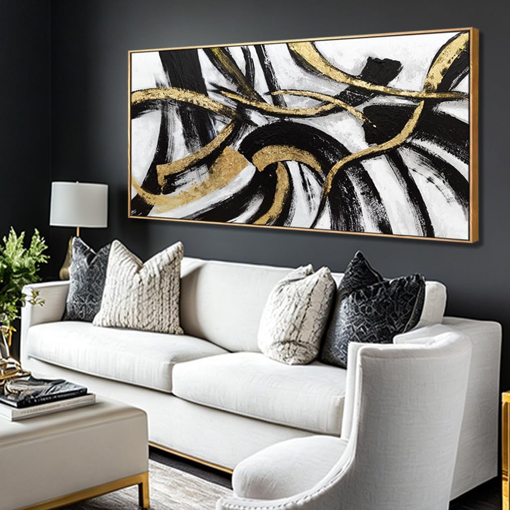 Black And Gold Abstract Framed Wall Art Minimalist Lines Painting Artwork Modern Picture Prints Large Wall Decor 24"x48"