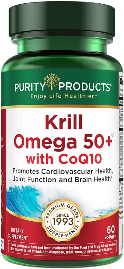 Krill Omega 50 Plus w/ CoQ10 from Purity Products - 1300mg Krill Oil and Fish Oil Blend - 100mg CoQ10-500mg Natural Astaxanthin - Support for Cardio, Joint and Brain Health - 60 Mini Soft Gels | 100mg CoQ10-500mg Natural Astaxanthin - Support for Cardio, Joint and Brain Health - 60 Mini Soft Gels