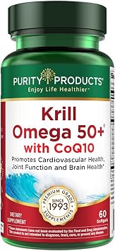 Krill Omega 50 Plus w/ CoQ10 from Purity Products - 1300mg Krill Oil and Fish Oil Blend - 100mg CoQ10-500mg Natural Astaxanthin - Support for Cardio, Joint and Brain Health - 60 Mini Soft Gels