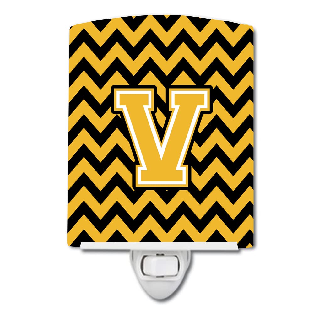 Caroline's Treasures CJ1053-VCNL Letter V Chevron Black and Gold Ceramic Night Light Compact, UL-Certified, Ideal for Bedroom, Bathroom, Nursery, Hallway, Kitchen, 6x4x3, Multicolor
