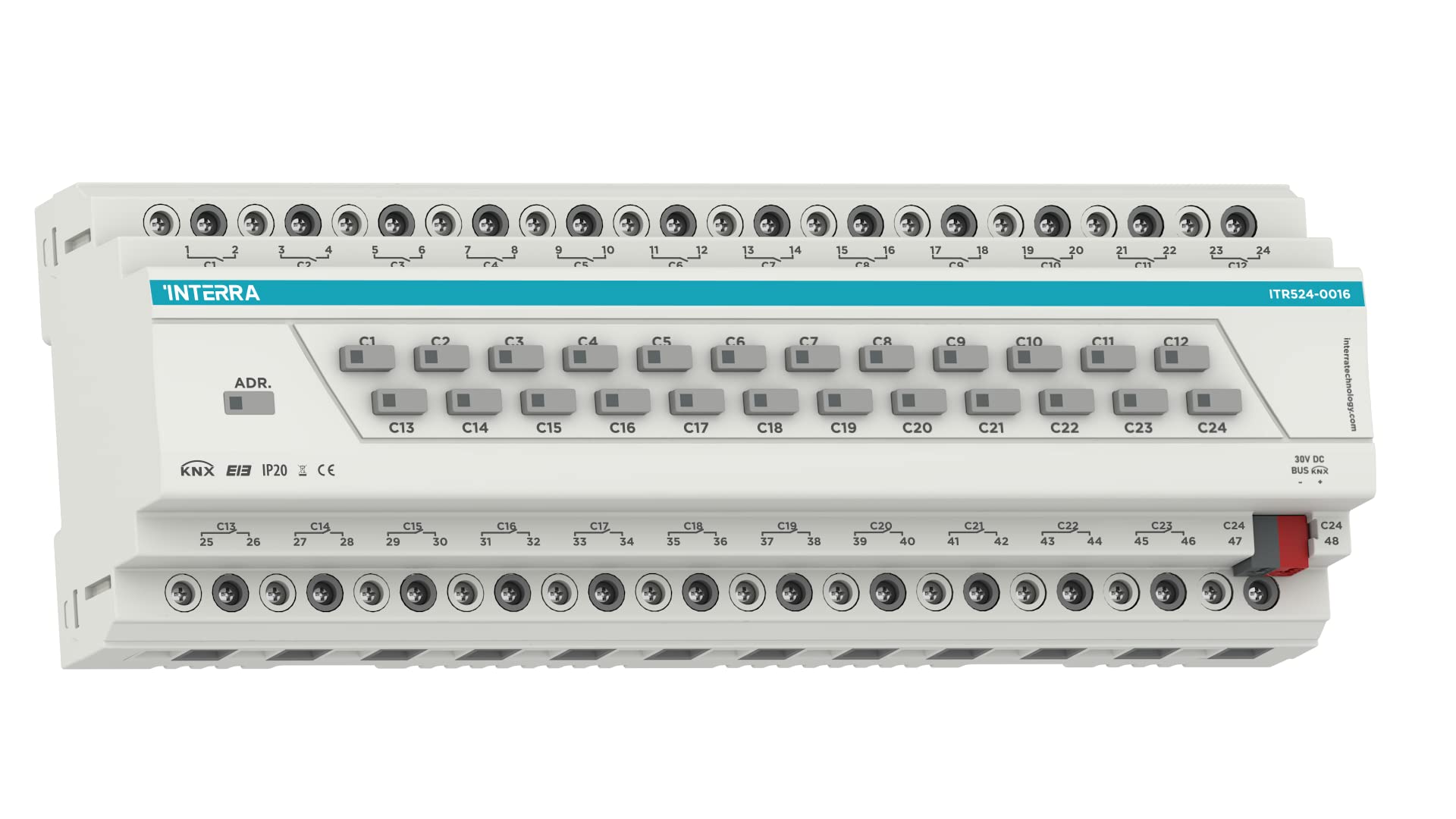 INTERRA Actionneur KNX 24 voies 140 µF - Actionneur combiné - Actionneur universel - Actionneur de volet roulant - C - Actionneur de charge - 24 canaux de 16 A