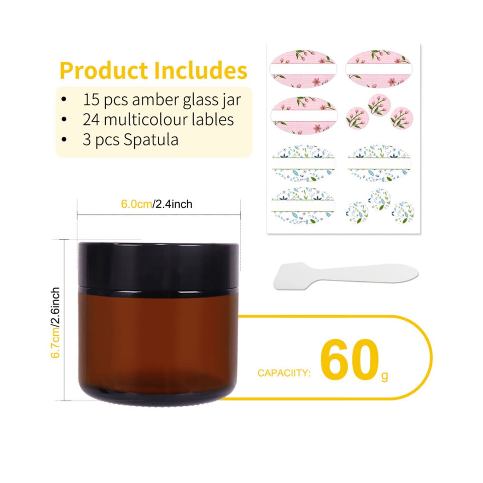Yishik 2 oz Amber Glass Jars,15 Pack 60ml Empty Cosmetic Containers with Inner Liners and Black Lids,Refillable Round Cream Jars for Lotion,Ointments,Bath Salts,Makeup - Image 2