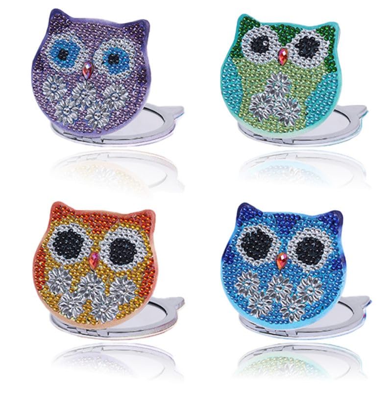 4 Pack Diamond Painting Owl Bird Full Round Drill Compact Mirror Mini Make-up Mirror Portable Folding Double-Sided 1X/10X Magnification, Pocket Ultra Portable for Purses and Travel ,Handbag,Gift