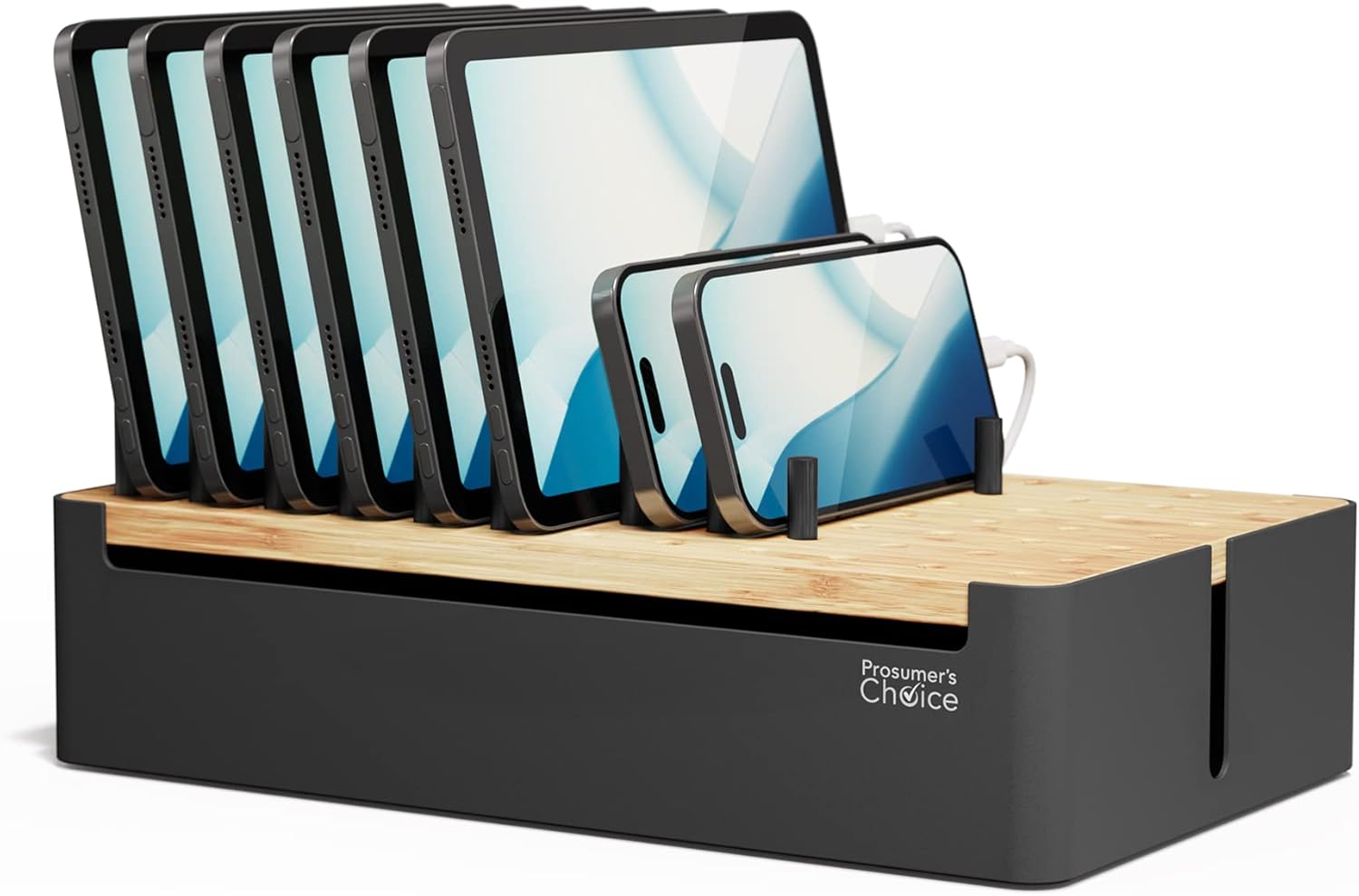 Prosumer's Choice Black Wooden Charging Station Organizer for Multiple Devices - Cable Management Box with 5 Slots and Removable Dividers - Charger Organizer for Phone, Tablet, Home, Office, 12\"x6\"x7\" NOT TESTED