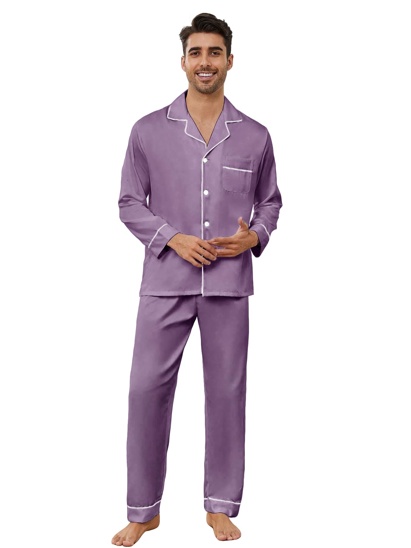 Mens Cotton Pajama Set, Soft Long Sleeve Pajamas for men Lightweight Button Up Sleepwear Lounge Pjs Set