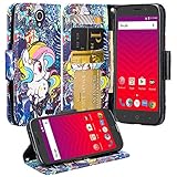 GW Compatiible for ZTE Maven 3/Overture 3/Prelude Plus Case, Wrist Strap Folio [Kickstand] Pu Leather Wallet Case with ID&Credit Card Slot - Rainbow Unicorn