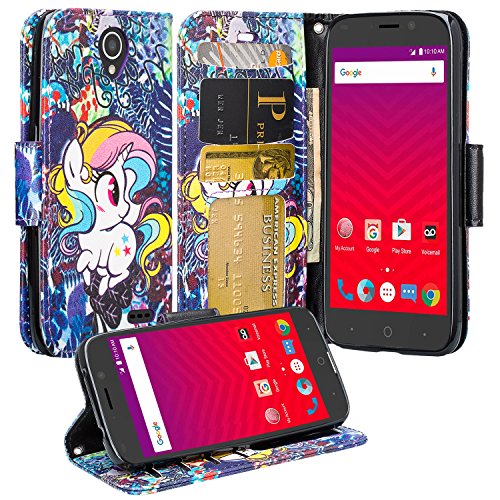 GW Compatiible for ZTE Maven 3/Overture 3/Prelude Plus Case, Wrist Strap Folio [Kickstand] Pu Leather Wallet Case with ID&Credit Card Slot - Rainbow Unicorn