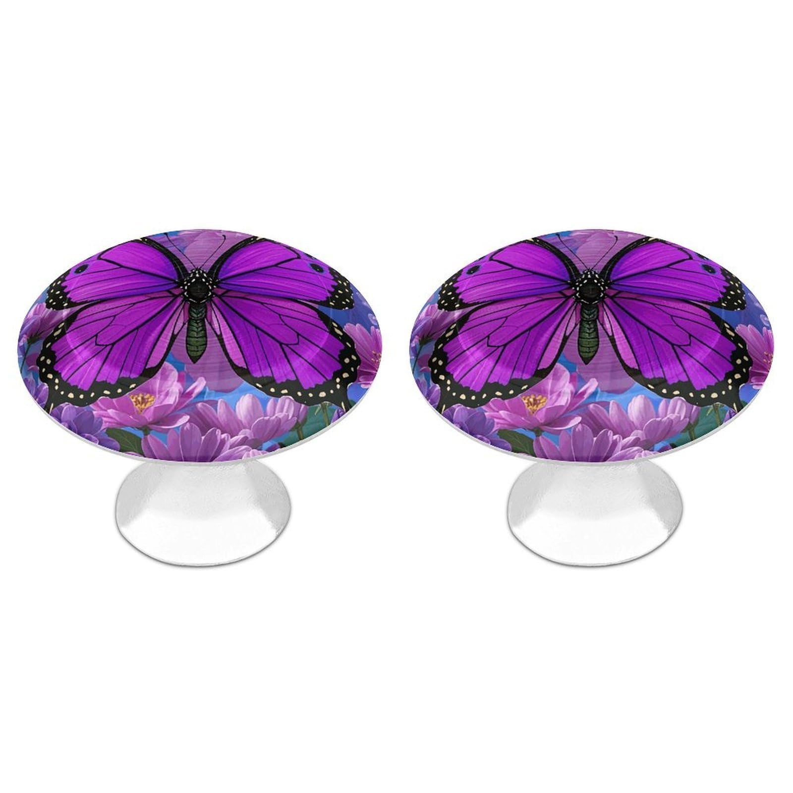 QMNLKH Beautiful Purple Butterfly Art Cabinet Knobs for Home, Round Drawer Pulls for Kitchen, Personalized Cupboard Handles with Screw, Fashion Dresser Knobs for Office, Drawer Handles, 2 Packs
