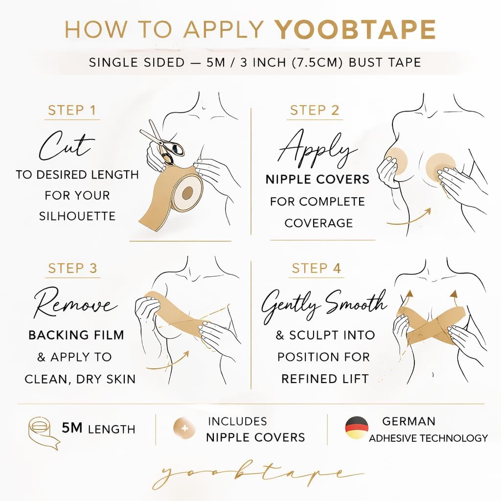 YOOBTAPE Double Sided Bust Tape – Organic Cotton, Hypoallergenic, Sand Item Item | 95% organic cotton with German adhesive. Waterproof, invisible lift for strapless dresses & formal wear. 7.5cm x 2.5m roll.
