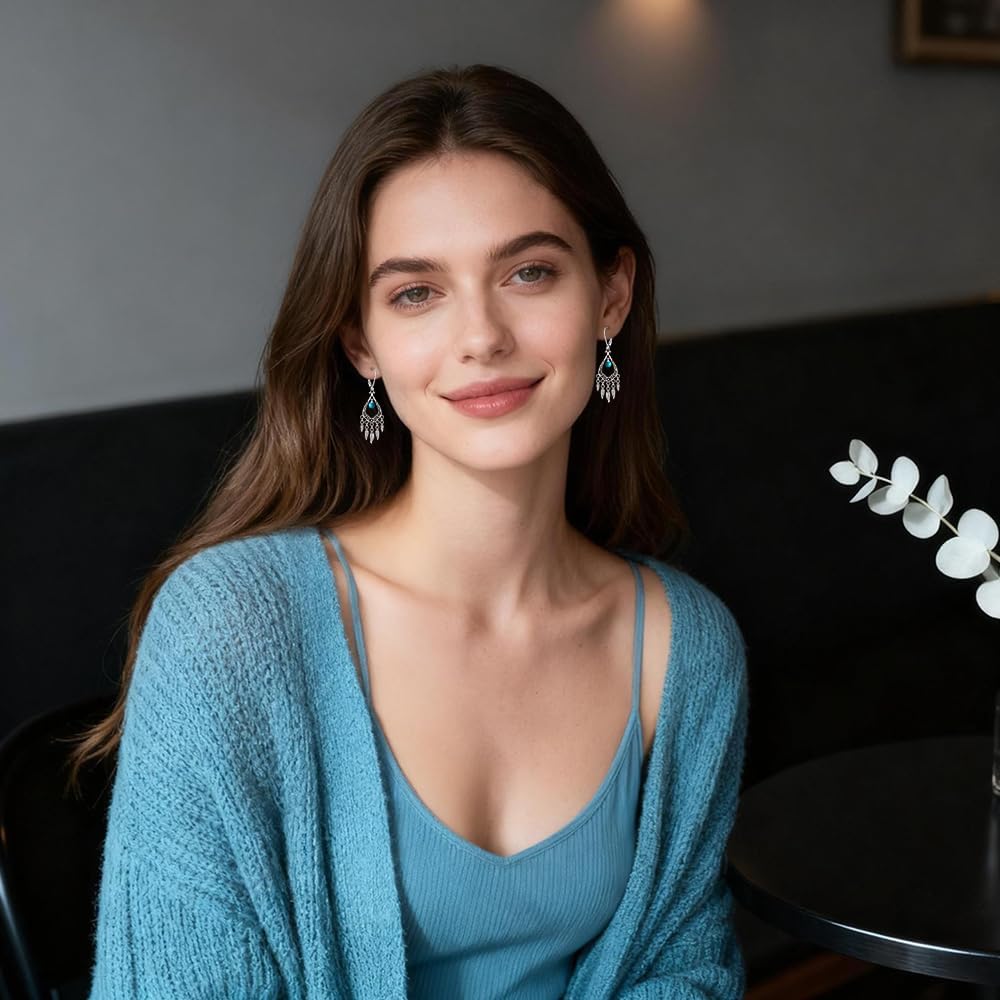 Feather Earrings for Women Sterling Silver Turquoise Boho Dangle Earrings Western Jewelry Gifts for Women - Image 3