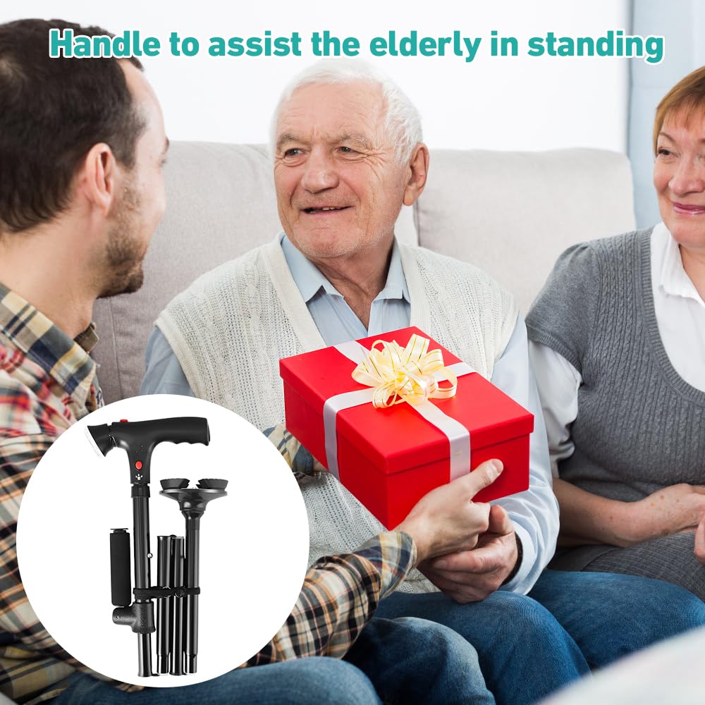 Bastone da passeggio pieghevole, con luce a LED e allarme, portatile, leggero, pieghevole, per uomini e donne, impugnatura ergonomica, base quadrupla, uso quotidiano per anziani e adulti
