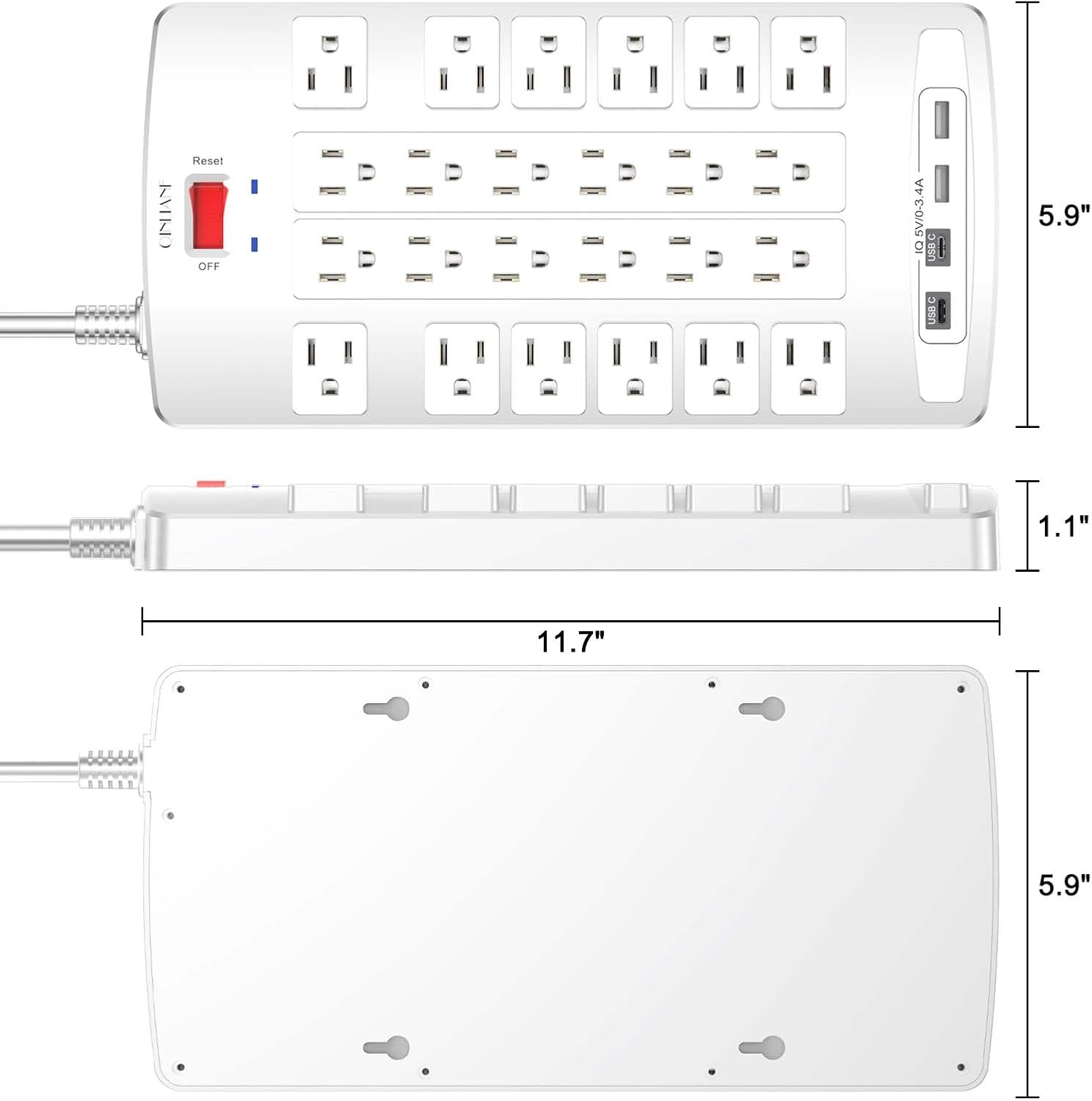 QINLIANF Surge Protector Power Strip - 6Ft Flat Plug Heavy Duty Extension Cord with 24 Outlets and 4 USB Ports(2 USB-C Ports), 1875W/15A, 4100J, for Home, Office, Dorm, ETL Listed, White