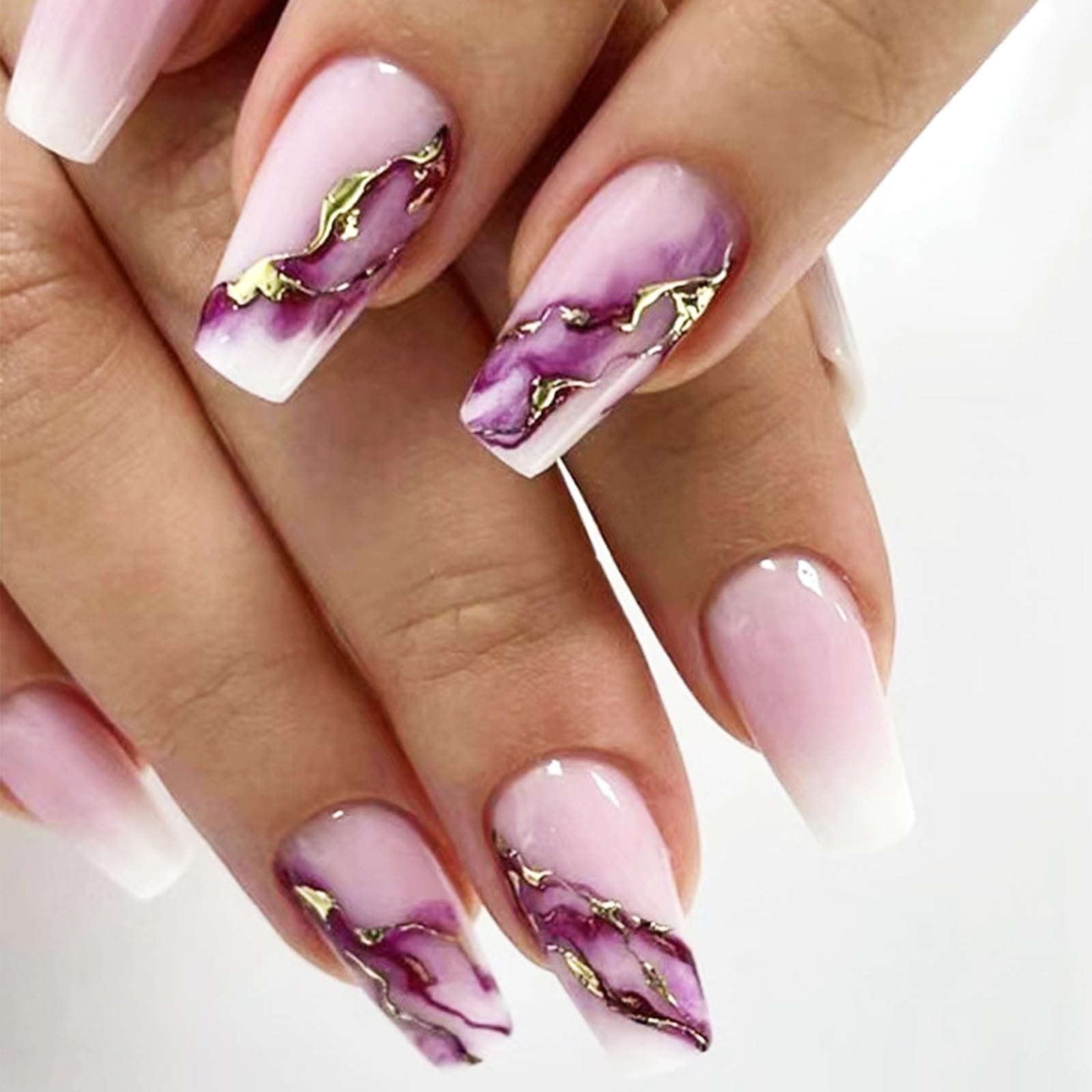 24Pcs Marble Press on Glossy Gold Foil Curve Line False Nails - Gel Glue, Medium Coffin Manicure Art Acrylic Fake Nails with Gradient Smudge Design