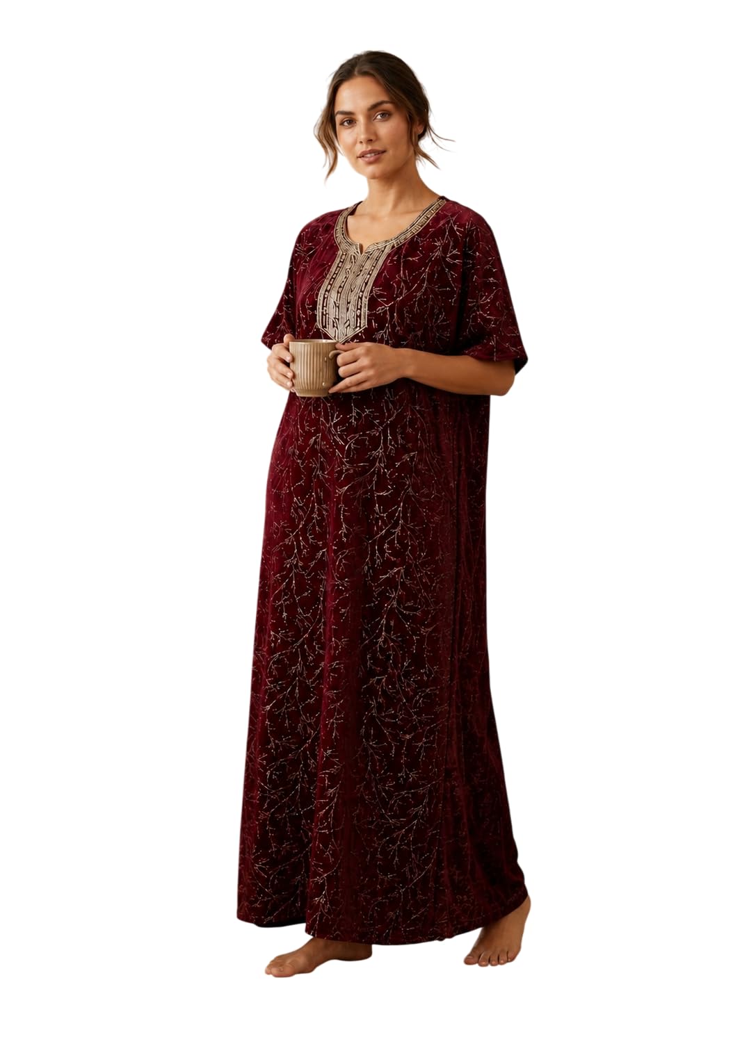 Pure Cotton Hand Embroidery Nighty for Woman | Floral Gown for Women Nightwear Cotton Nighty for Women Stylish | Maxi for Women Cotton - Free Size Maroon-picture-29