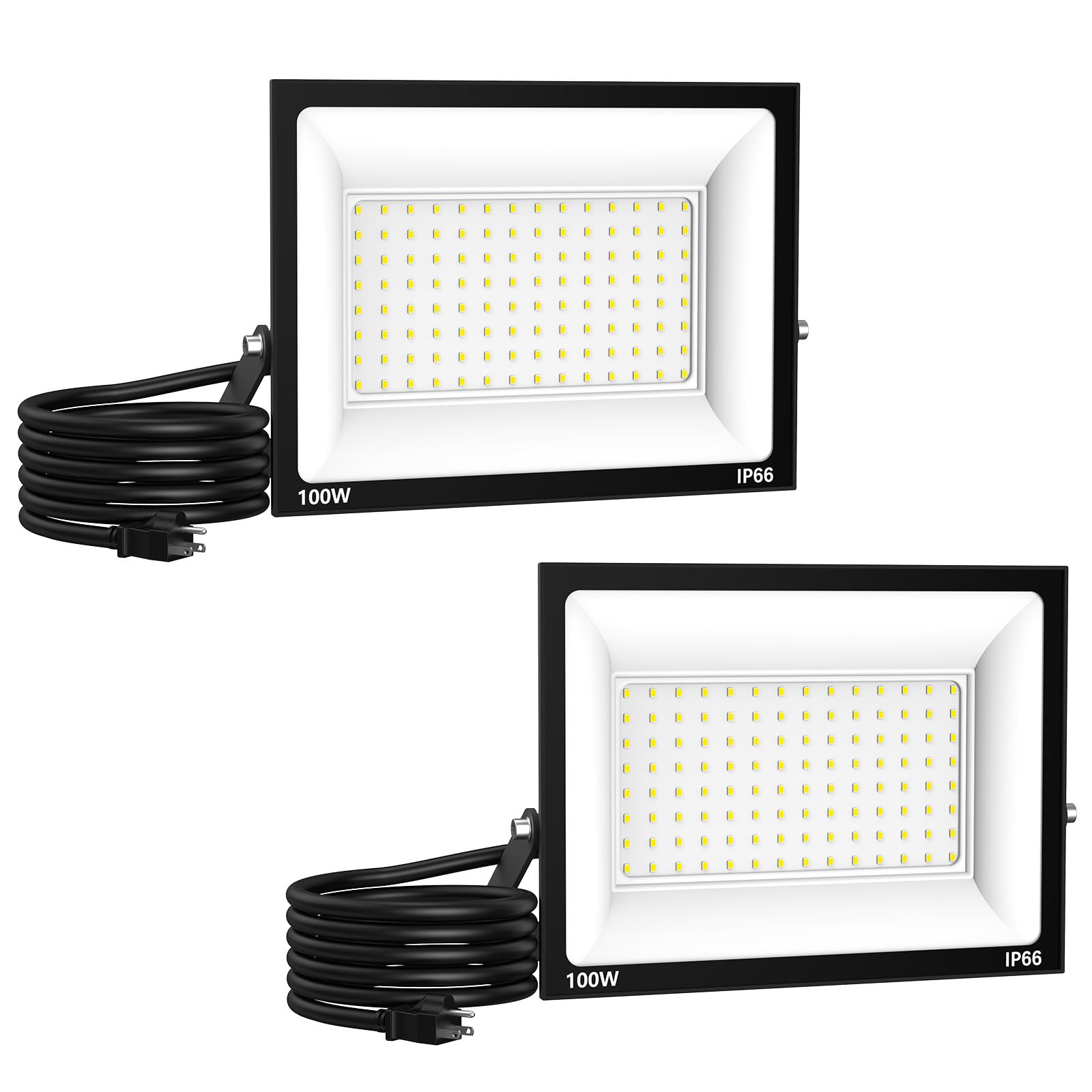Paideste 100W Flood Light Outdoor: 2 Pack 10000LM Bright LED Plug-in Flood Light, IP66 Waterproof, 100-265V, 6500K Daylight White, Plug-and-Play, Heat