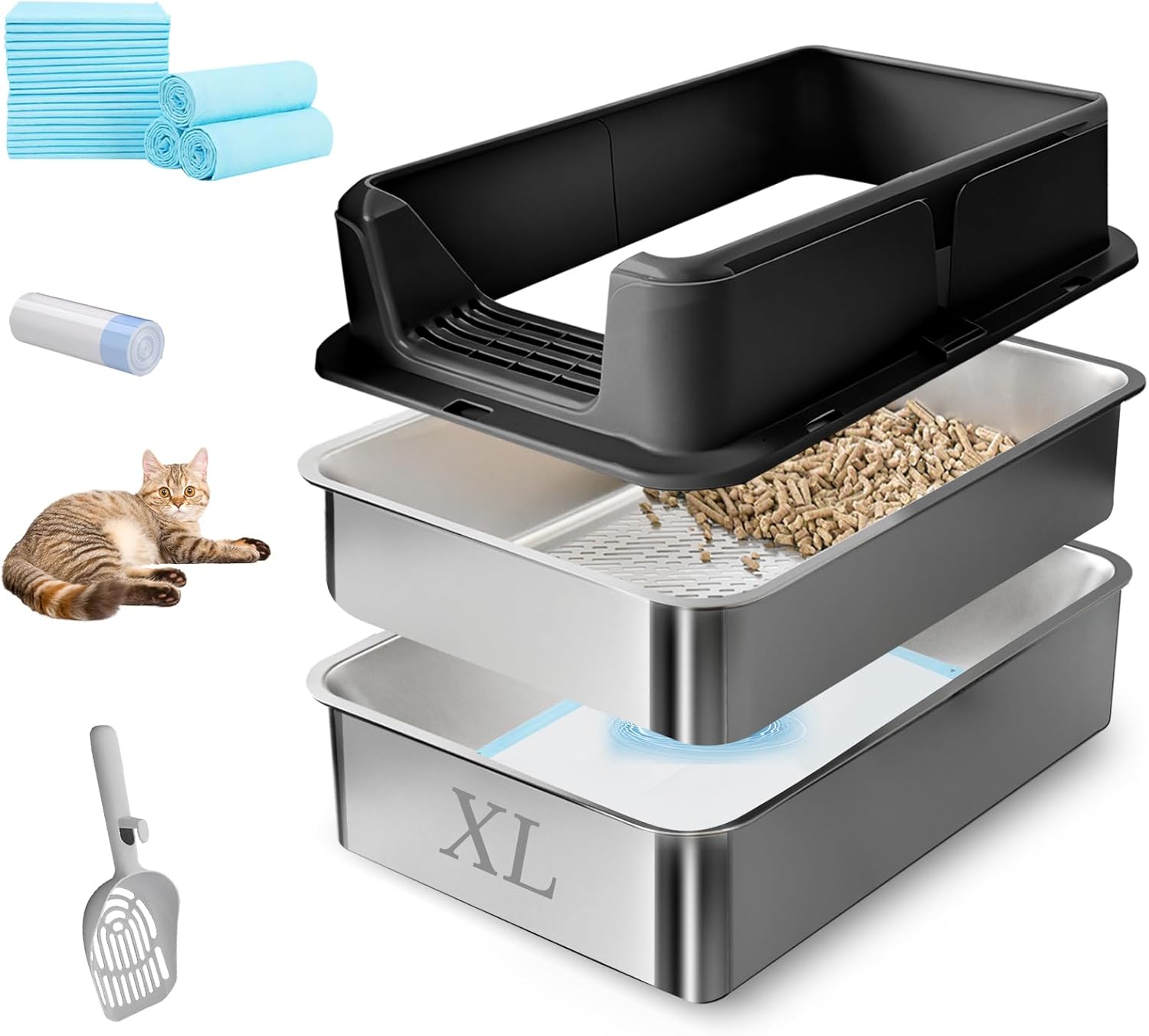 Stainless Steel Sifting Litter Box, 24" x 16" x 12" Extra Large Metal Sifting Cat Litter Box for Pine Pellet, High Sides Metal Litter Box with Lid for Big Cats, Anti-Leakage(Black)