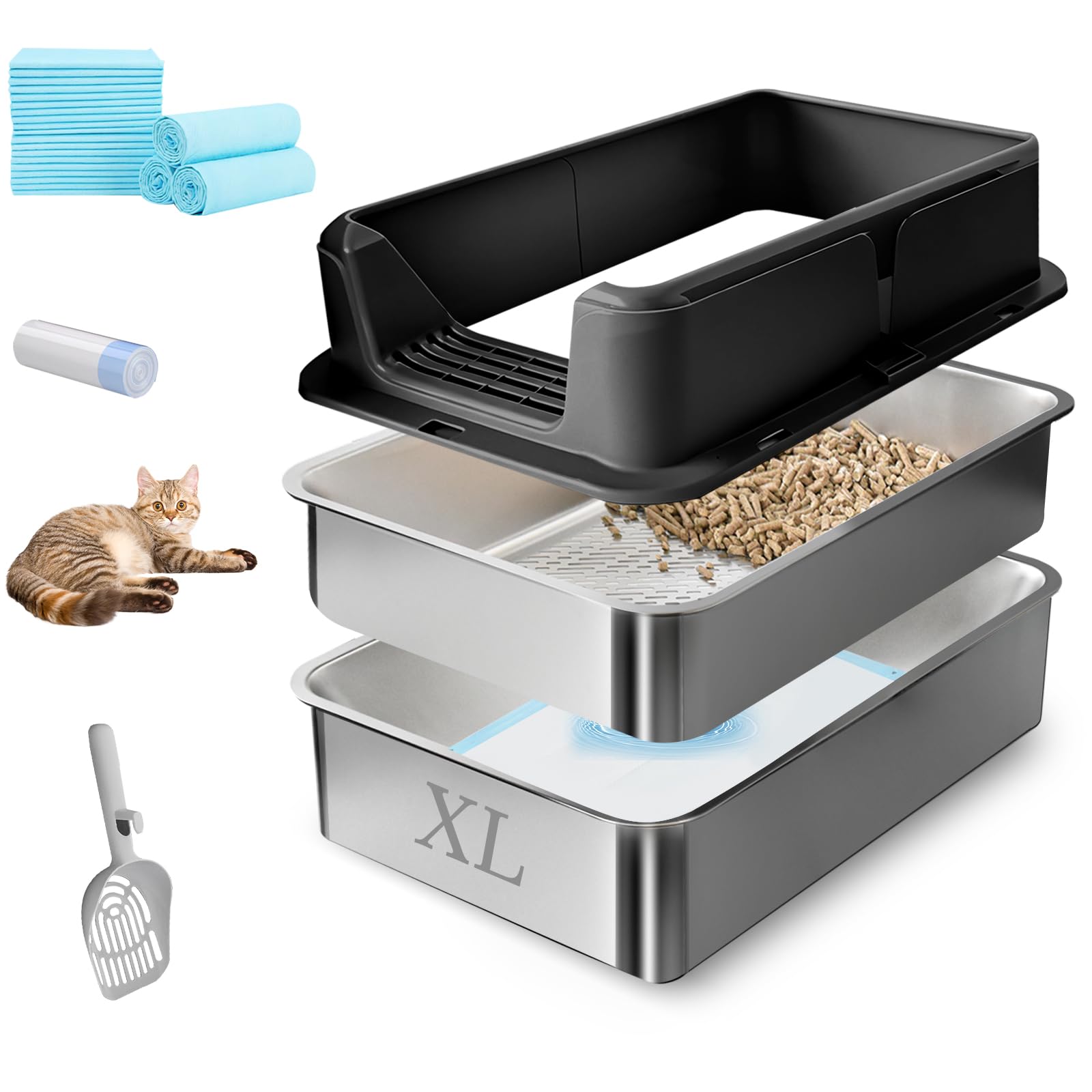 24" x 16" x 12" Stainless Steel Sifting Litter Box with Lid, Extra Large Metal Sifting Cat Litter Box for Pine Pellet, High Sides Metal Litter Box System for Big Cats, Anti-Leakage(Black)