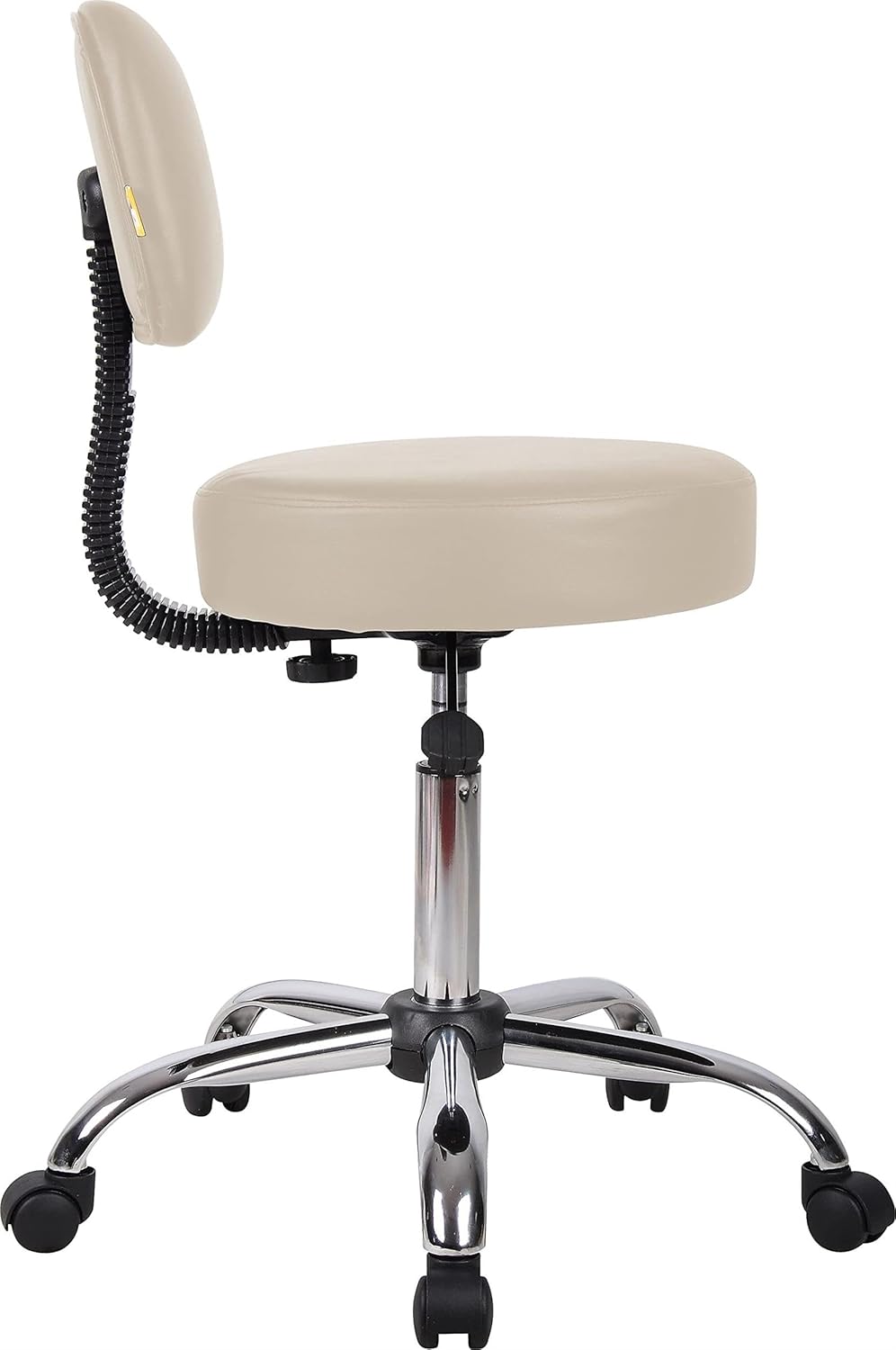Pemberly Row Adjustable Office Stool, Faux Leather Upholstery, Beige Finish, Wheeled Design with Back Cushion, Ergonomic Chrome Base, Adjustable Height, 24 in W x 24 in D for Home Office or Medical