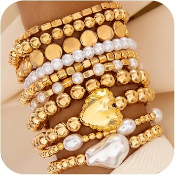 Trendy Stackable Puffy Heart Pearl Gold Beaded Stretch Bracelets for Women, Charm Round Disc Beads Baroque Pearls Bracelet Boho Party Jewelry Set Gift Gold